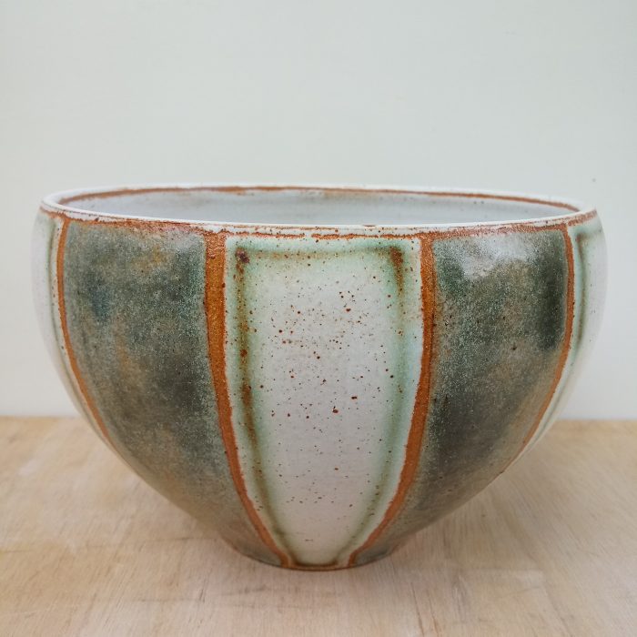 Large bowl white and green glaze on golden stoneware clay